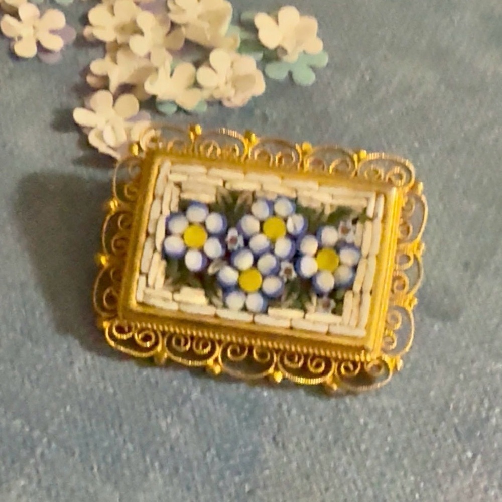 Italian Micro Mosaic Forget-Me-Not Brooch